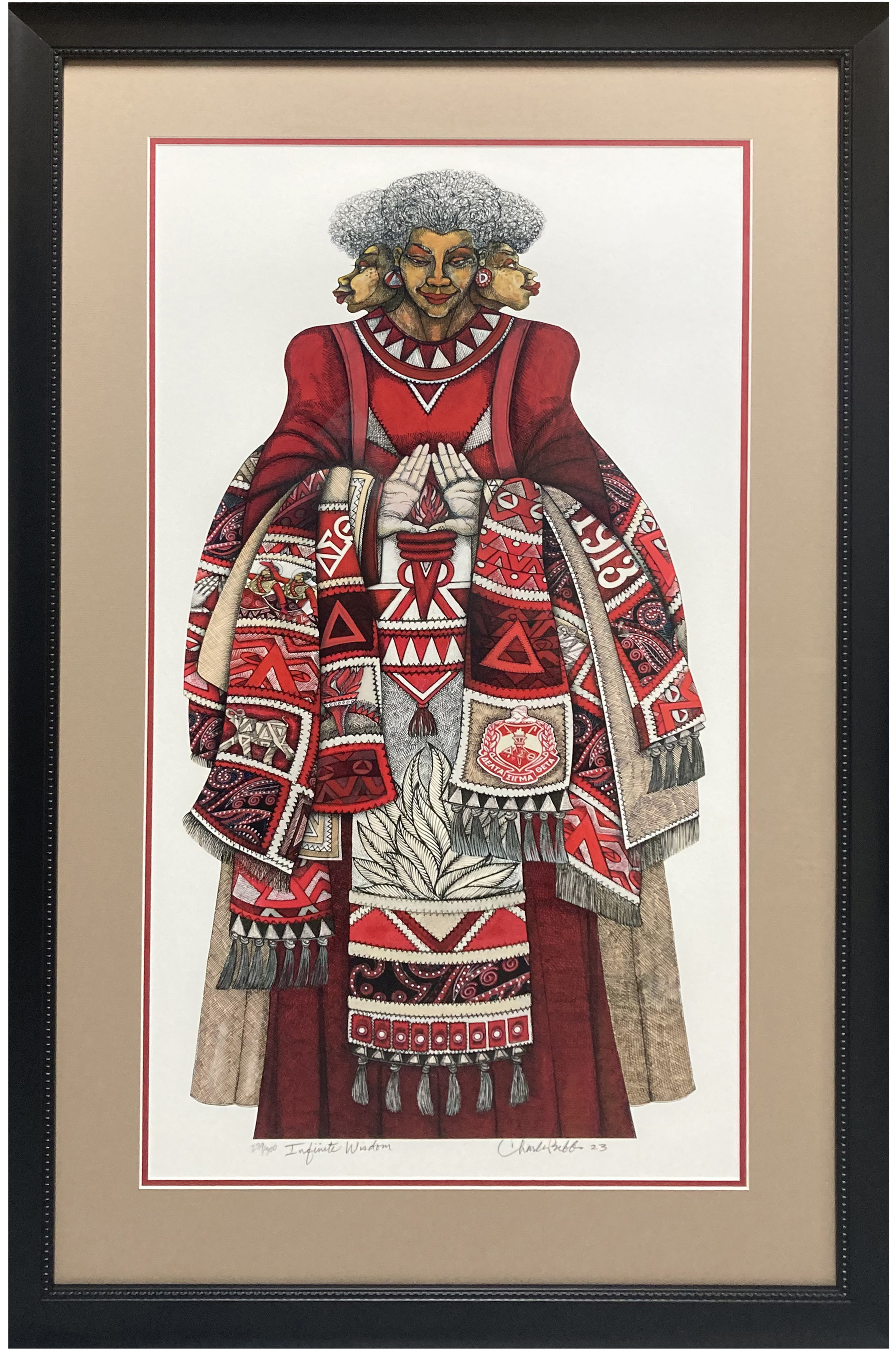 Framed Charles Bibbs print of an african-american lady standing in red, white and black