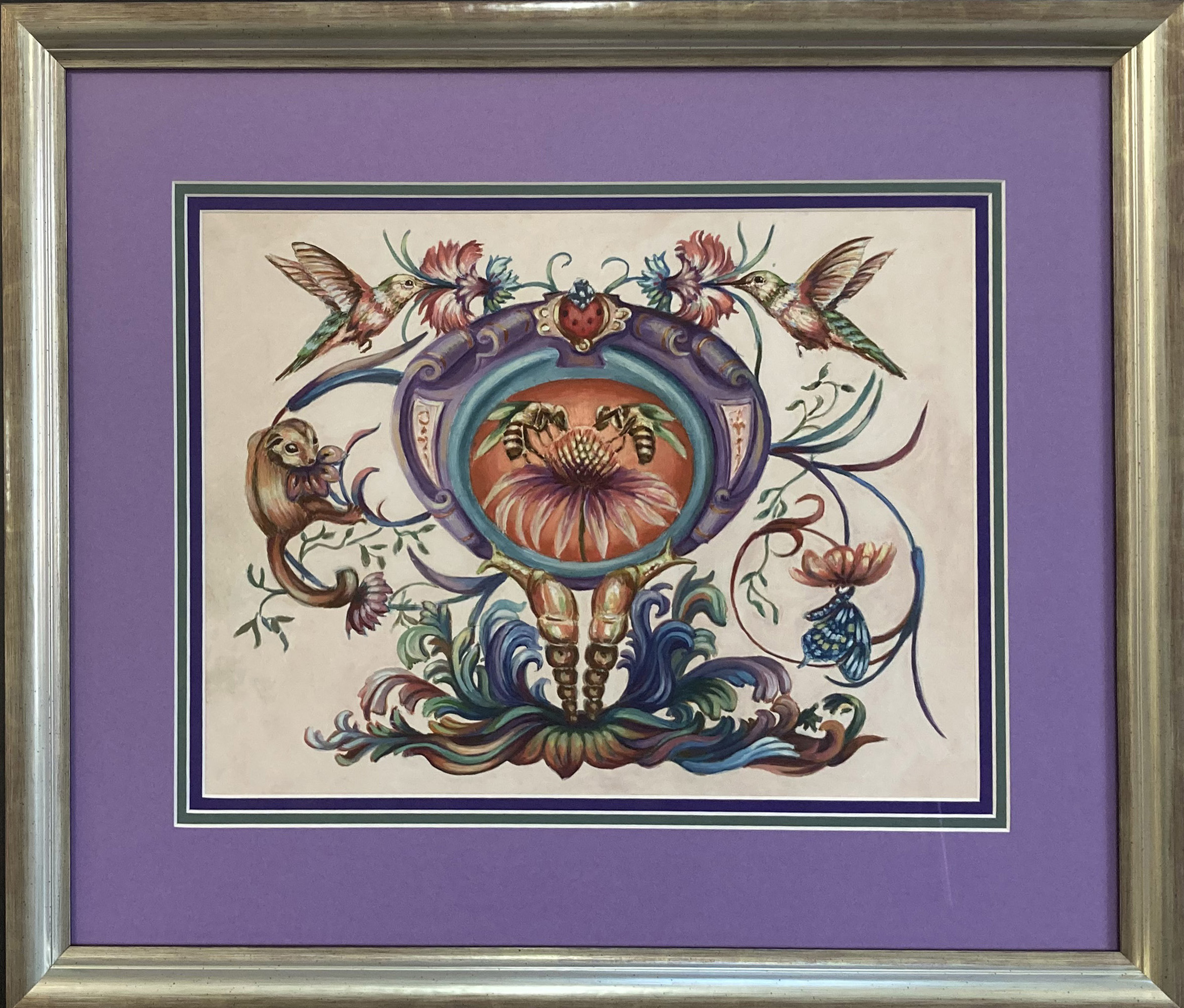 picture of hummingbirds visiting flowers with a silver frame and lavender matting