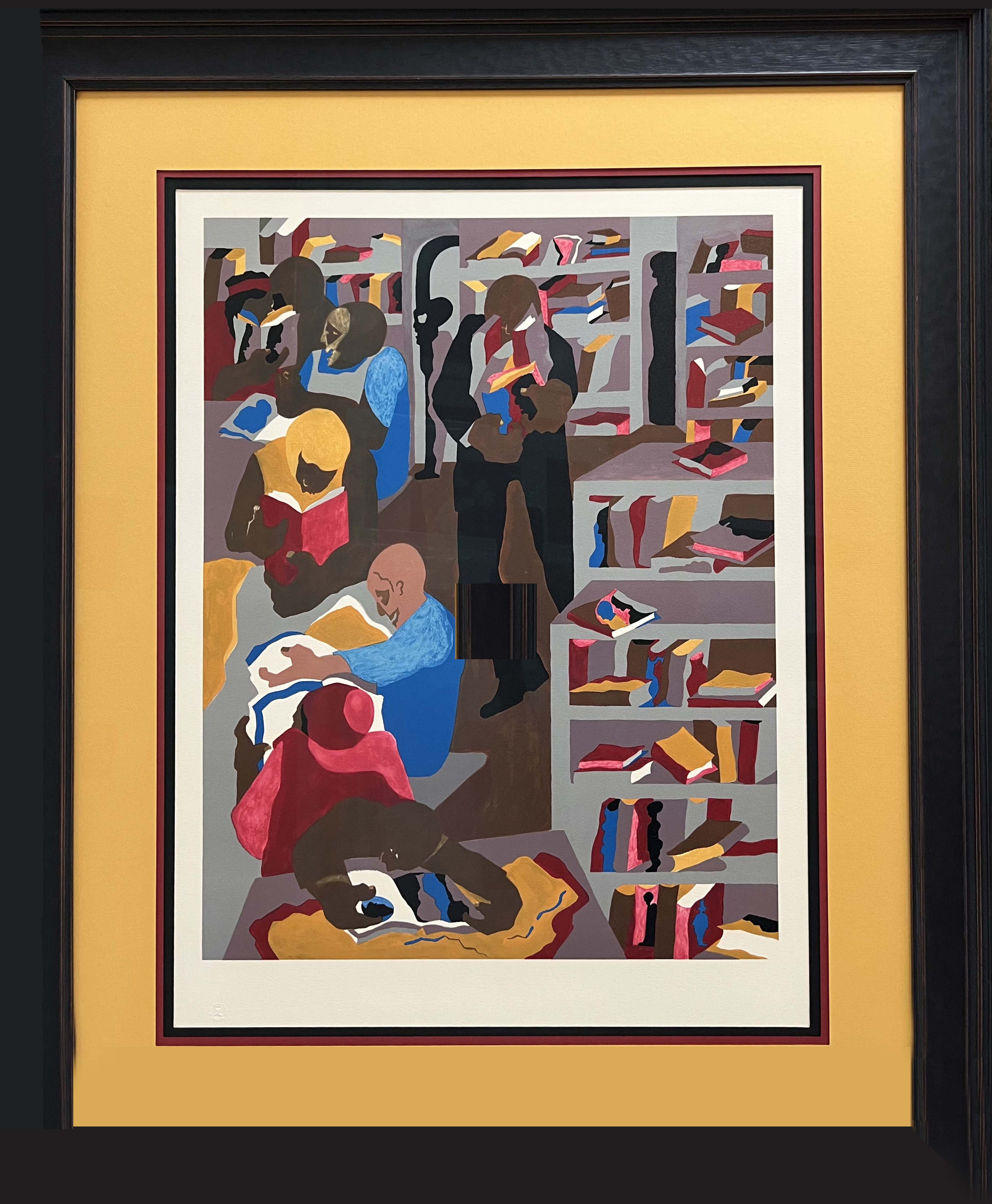 framed abstract art of people in a library. the frame is black and the matting is goldenrod