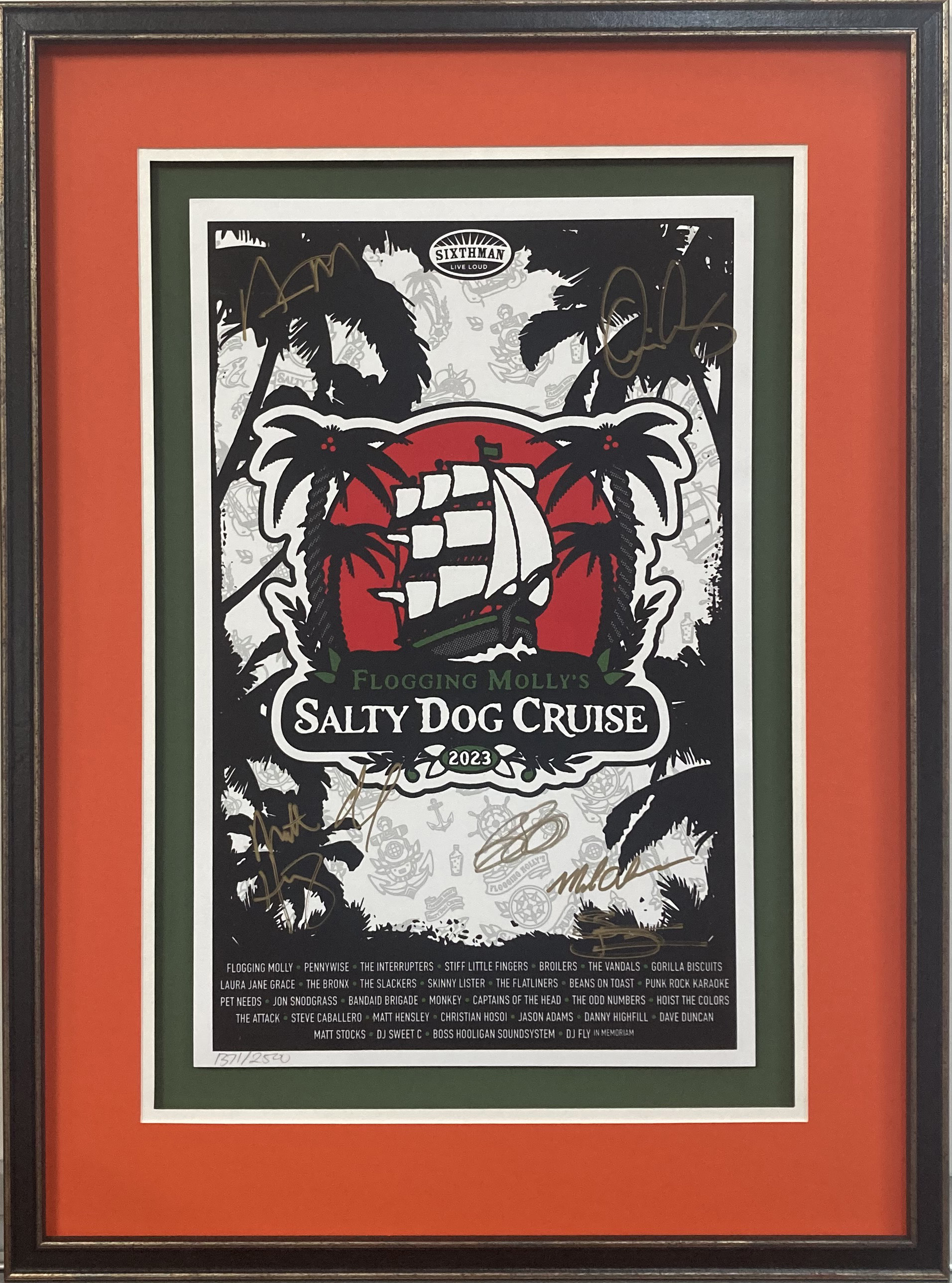 black, white and red Salty Dog Cruise poster in a black frame with red, white and gray matting