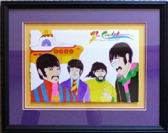 yellow submarine Beatles cartoon picture in a black frame double matted with lavender on top of yellow