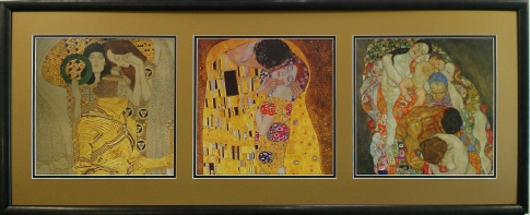 three works of art by Gustov Climpt side by side gold matting surrounded by a thin black framed 