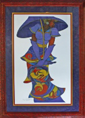 abstract artwork of a lady in blue holding an umbrella in a 