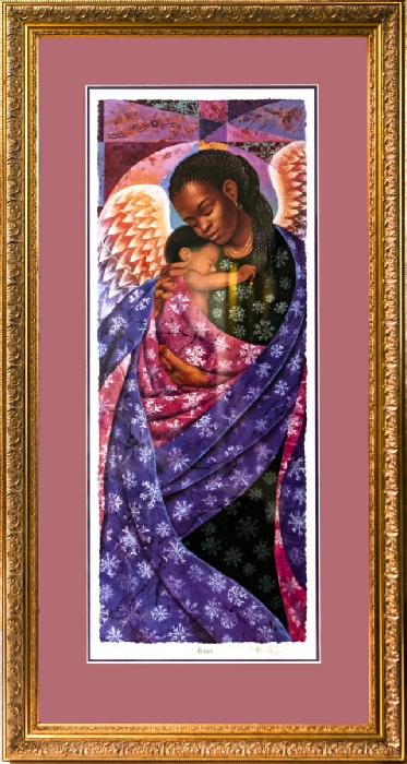 angelic picture of an african-american mother holding a child in a gold frame with pink matting