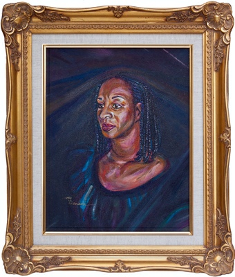 3/4 view portrait of an African-American lady in a blue dress