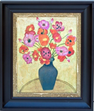 Canvas transfer with heavy brush strokes of a blue vase of flowers