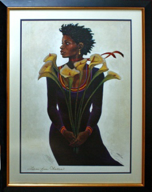 framed Charles Bibbs print of an african-american woman holding a bouquet of lillies